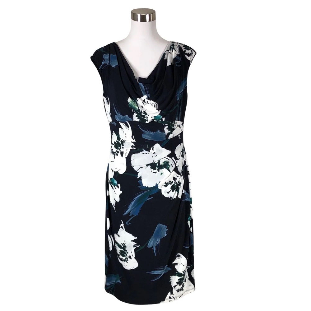 Ralph Lauren Size: 4. Knee Length Black Floral Cowl Neck Ruched Cocktail Dress